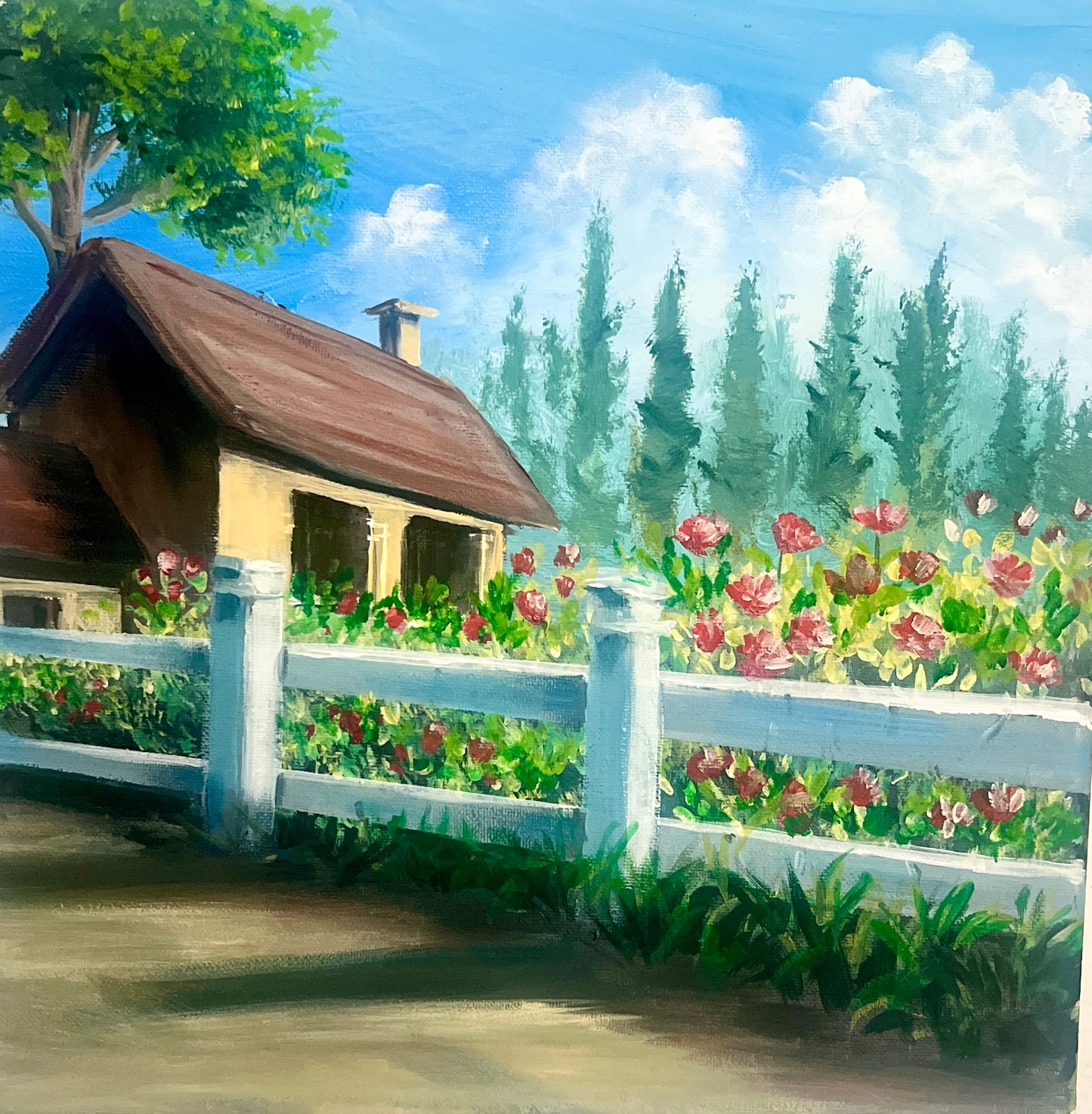 Painting of a small house with a garden and white picket fence.