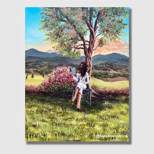 Acrylic painting of a lady reading a book under a tree in sunset - landscape - painting a woman