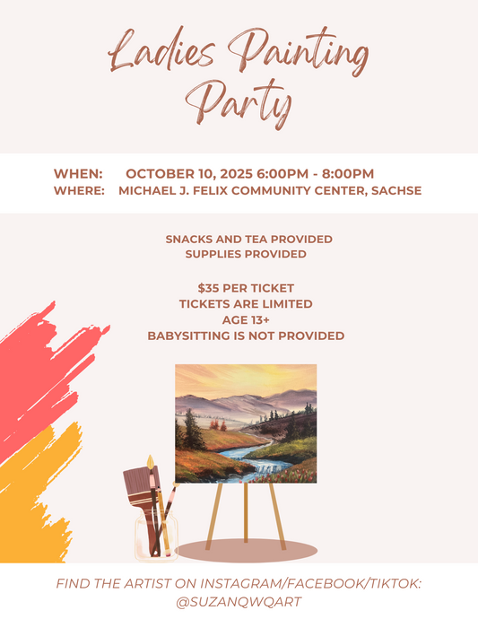 Promotional flyer for a Ladies Painting Party with event details and an image of a landscape painting.