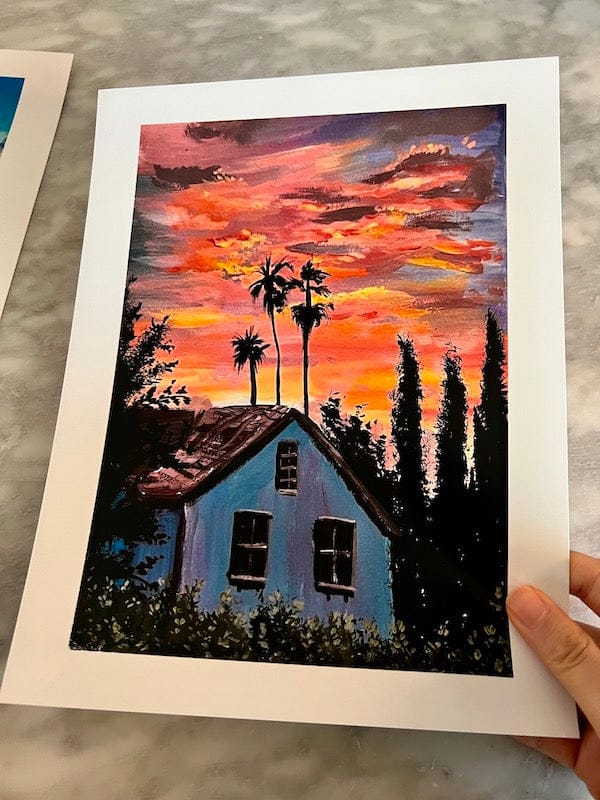 A house in a vibrant sunset art print