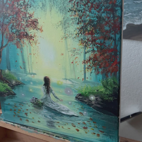 a painting of a woman on water in an enchanted forest