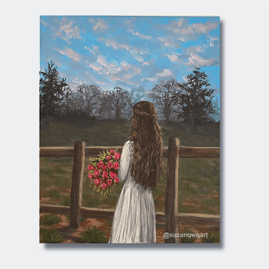 Original acrylic painting of a woman holding roses in a calm landscape